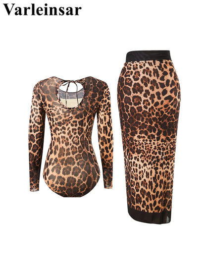 Damen Badeanzug Leopardenmuster Rock Langarm Einteiler hoher Beinausschnitt