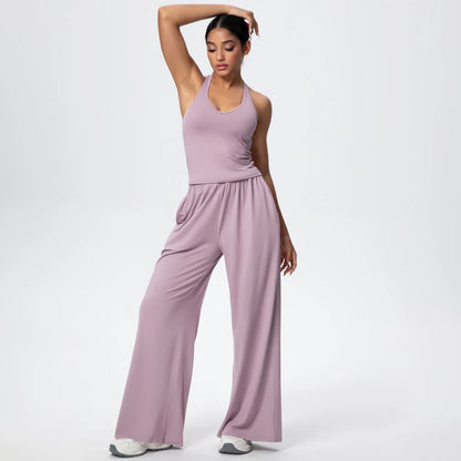 Lila Yoga-Set für Damen: Träger-Top und lange, weit fallende Hose mit Raffung