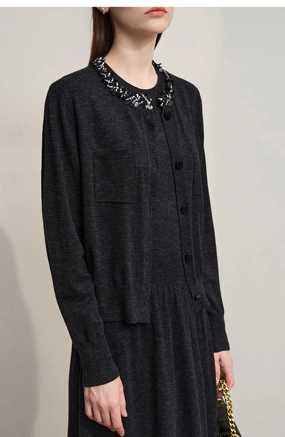 Damen-Strickjacke ärmellos lang Rundhals einfarbig elegant Herbst