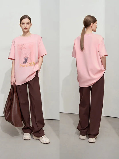 Damen T-Shirt im minimalistischen Stil mit lässigem O-Ausschnitt und Kunstdruck
