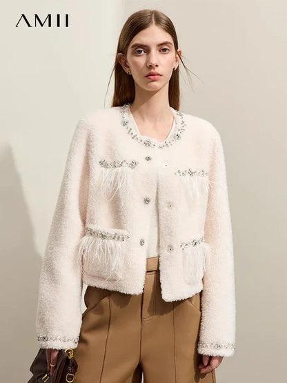 Damen Pelzmantel im neuen Luxus-Stil mit Rundhalsausschnitt und Taschen