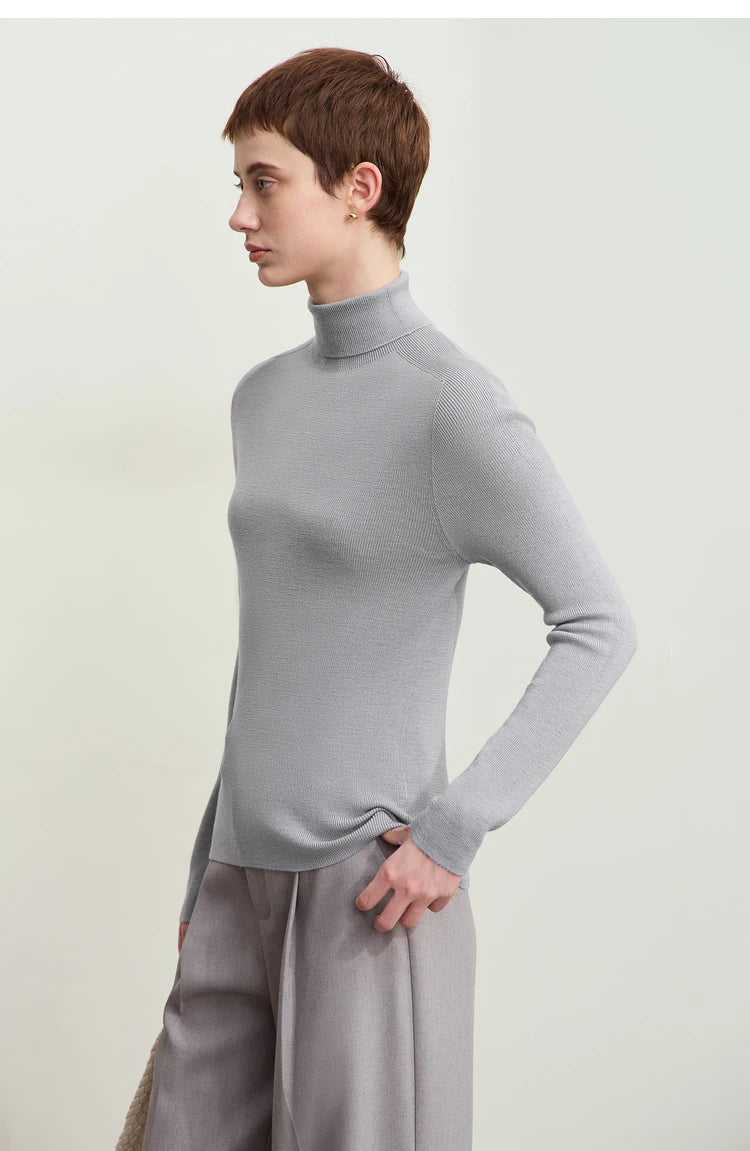 Damen-Rollkragenpullover 100 % Wolle Kammgarn schlank Winter
