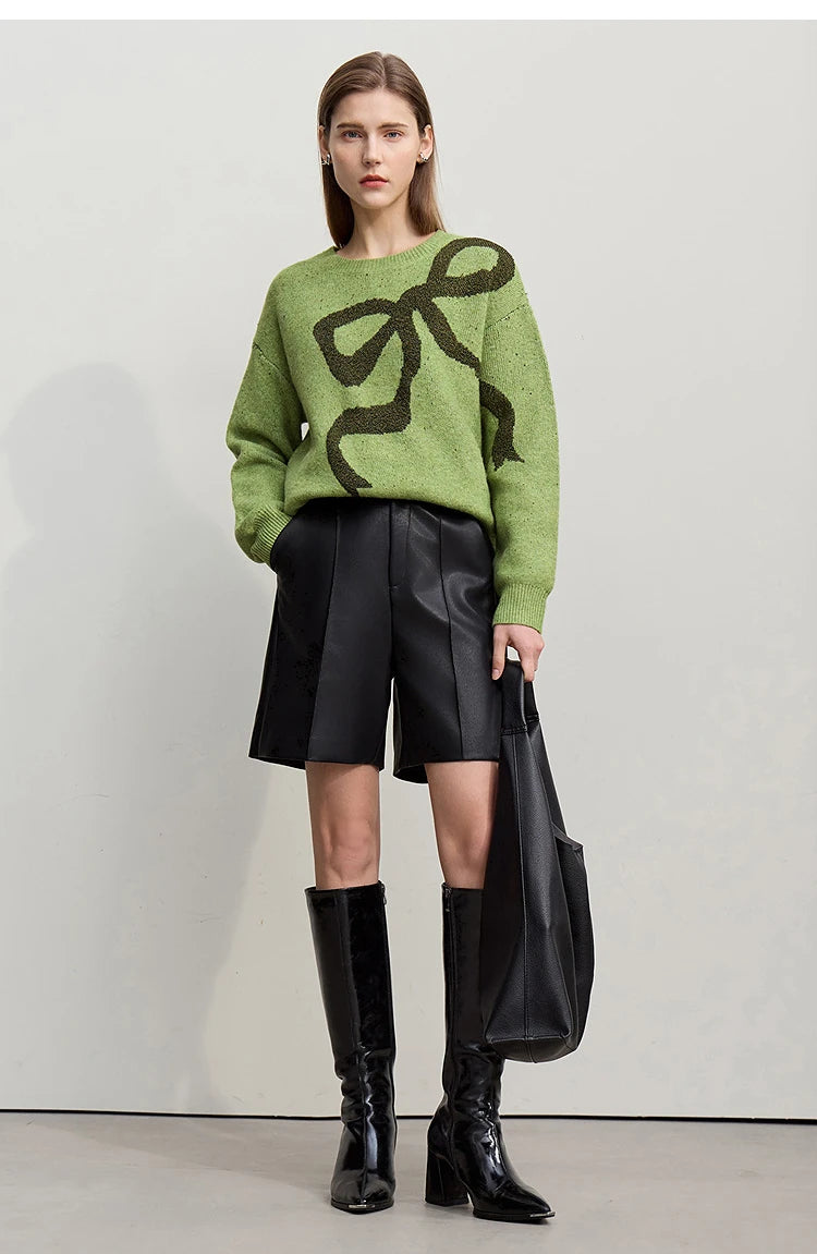 Grüner Jacquard-Pullover mit großem Schleifenmuster, locker geschnitten, lange Ärmel