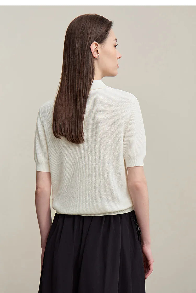 Damen-Strickpullover mit Polokragen, kurzarm, halb offen, cremefarben