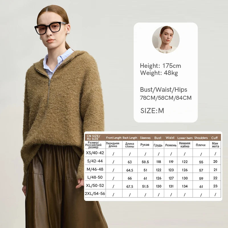 Damen-Kapuzenpullover Wolle Reißverschluss locker dick warm Winter
