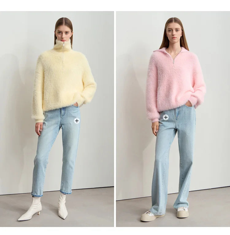Damen-Rollkragenpullover Nerz-Imitat Reißverschluss locker dick Winter