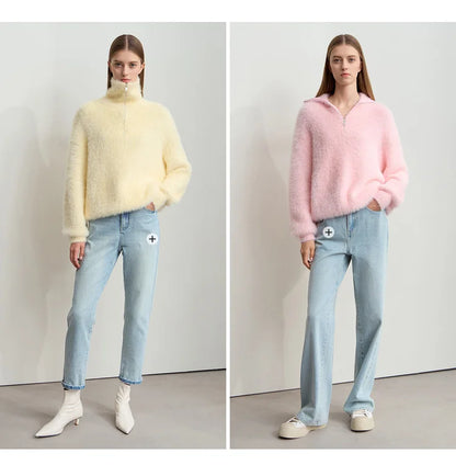 Damen-Rollkragenpullover Nerz-Imitat Reißverschluss locker dick Winter