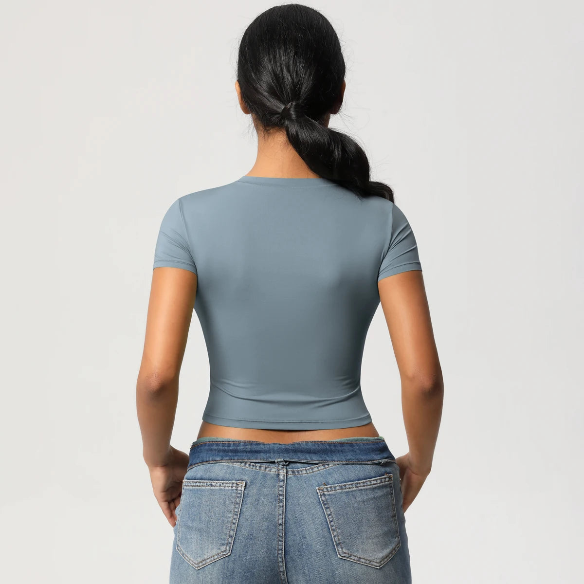 Yoga-Top für Damen, blaugrau, Rückansicht, kurze Ärmel