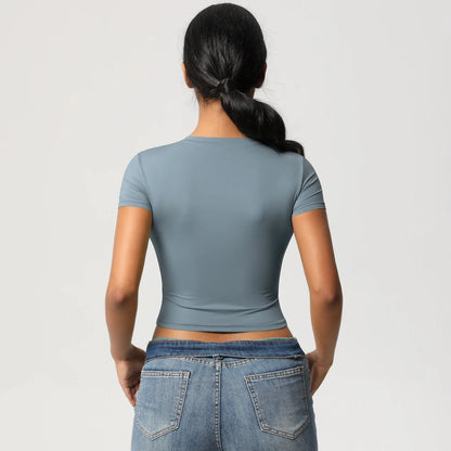 Yoga-Top für Damen, blaugrau, Rückansicht, kurze Ärmel