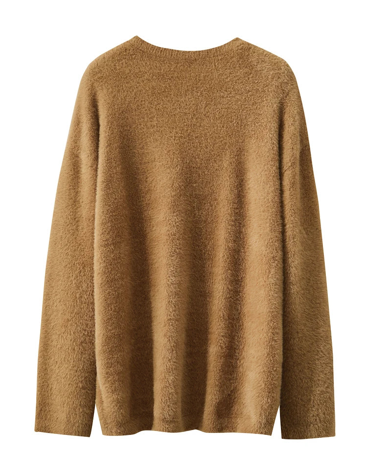 Damen-Jacquardpullover in Kaffee, Rückansicht, Rundhalsausschnitt, Langarm