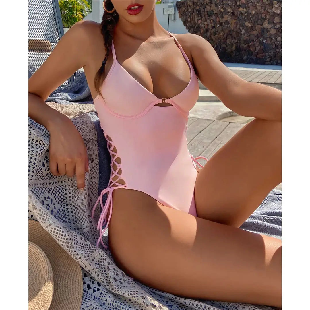 Damen Badeanzug Schnürung Bügel rückenfrei Monokini hoher Beinausschnitt B