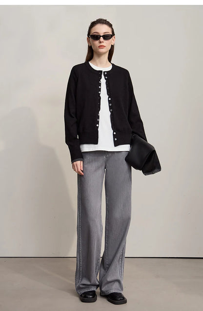 Damen-Rundhalspullover Strickjacke einfarbig einreihig Herbst-Winter