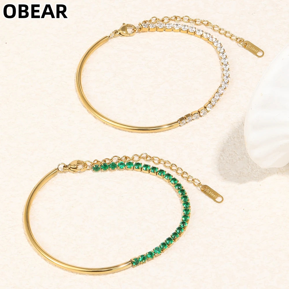 Set aus Tennisarmbändern: goldfarben mit grünen oder weißen CZ-Steinen und Verschluss