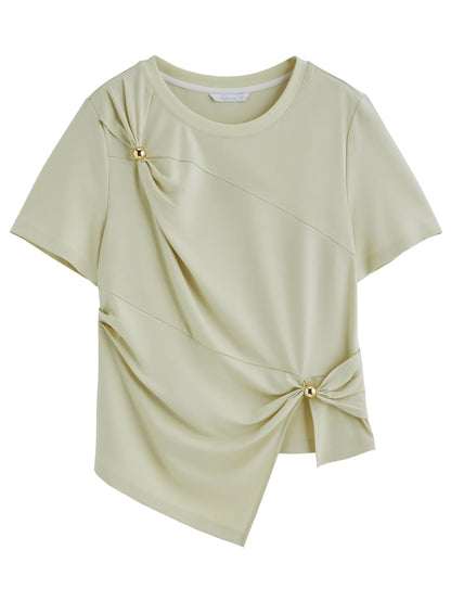 Kurzarmshirt für Damen in Übergröße mit Rundhalsausschnitt und Origami-Print – Sommerliches Design mit Schleifendetail