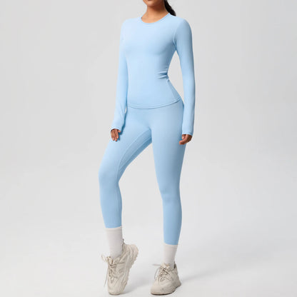 Gym-Leggings-Set, langarm, hellblau, enganliegend mit Bündchen am Beinabschluss