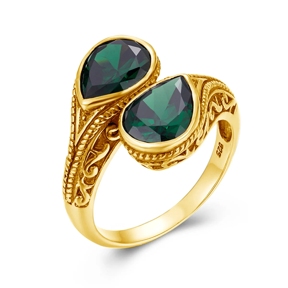 Damen-Ring tropfenförmiger Smaragd in Silber mit goldfarbener Beschichtung Ideal Als Hochzeits- oder Festgeschenk