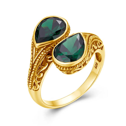 Damen-Ring tropfenförmiger Smaragd in Silber mit goldfarbener Beschichtung Ideal Als Hochzeits- oder Festgeschenk