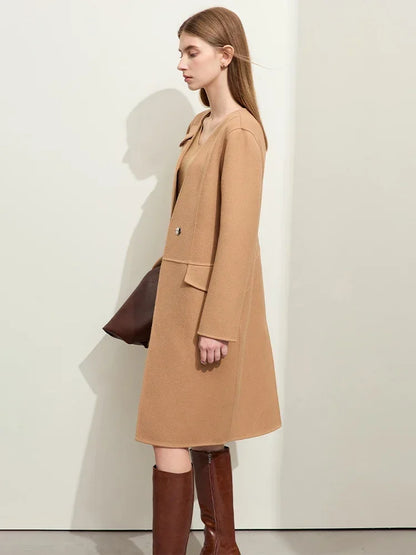 Damen Wollmantel im minimalistischen Design mit V-Ausschnitt und Taschen