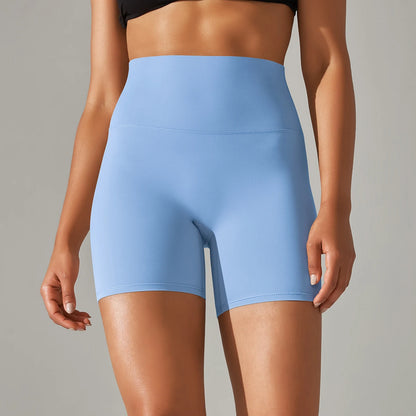 Nahtlose Sportshorts für Frauen mit hohem Bund, hellblau, kurze taillierte Form