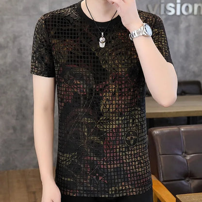 Herren Rundhals-T-Shirt aus leichtem Luxus-Samt mit floralem Druck für Freizeit und Business