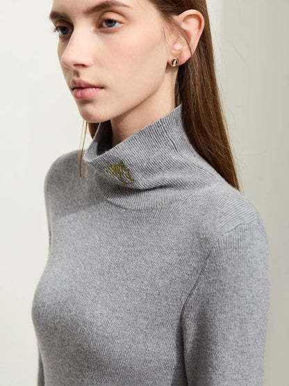 Damen-Rollkragenpullover Kaschmir-Wolle Slim Stickerei Winter