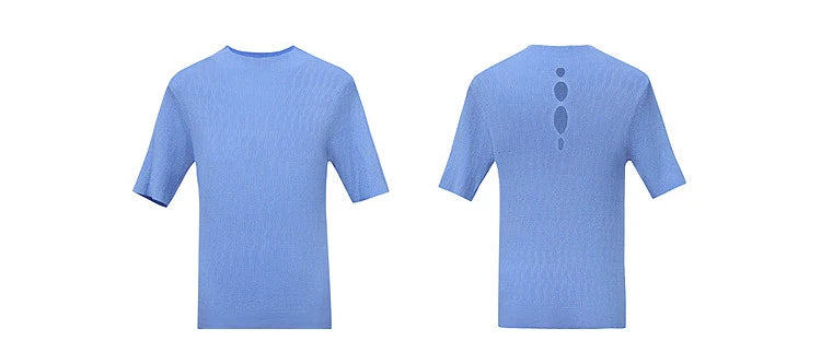 Blauer Kurzarm-Strickpullover, vorne und hinten mit Cut-outs am Rücken