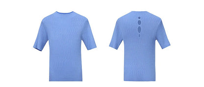 Blauer Kurzarm-Strickpullover, vorne und hinten mit Cut-outs am Rücken