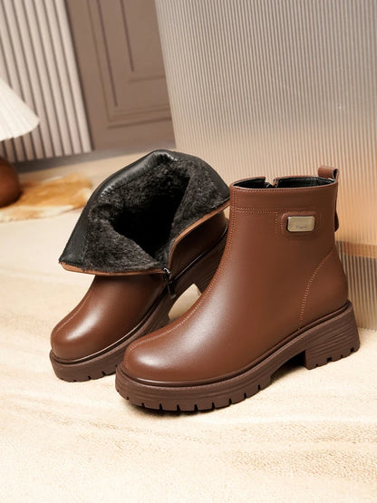 AIYUQI Damen-Knöchelstiefel aus braunem Leder mit geöffneter Futteröffnung und Profilsohle