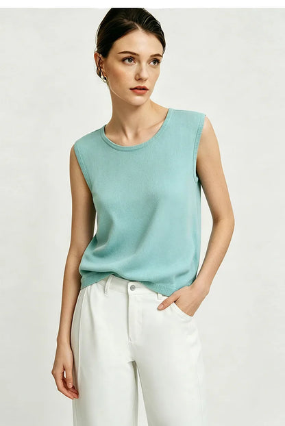 Damen-Rundhalspullover ärmellos Drapierung Cut-Out Lyocell Sommer