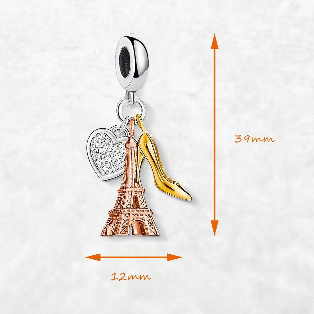 Eiffelturm-Herz-Anhänger: 12 mm breit, 3 mm hoch, silbernes Herz mit goldfarbenem Absatz