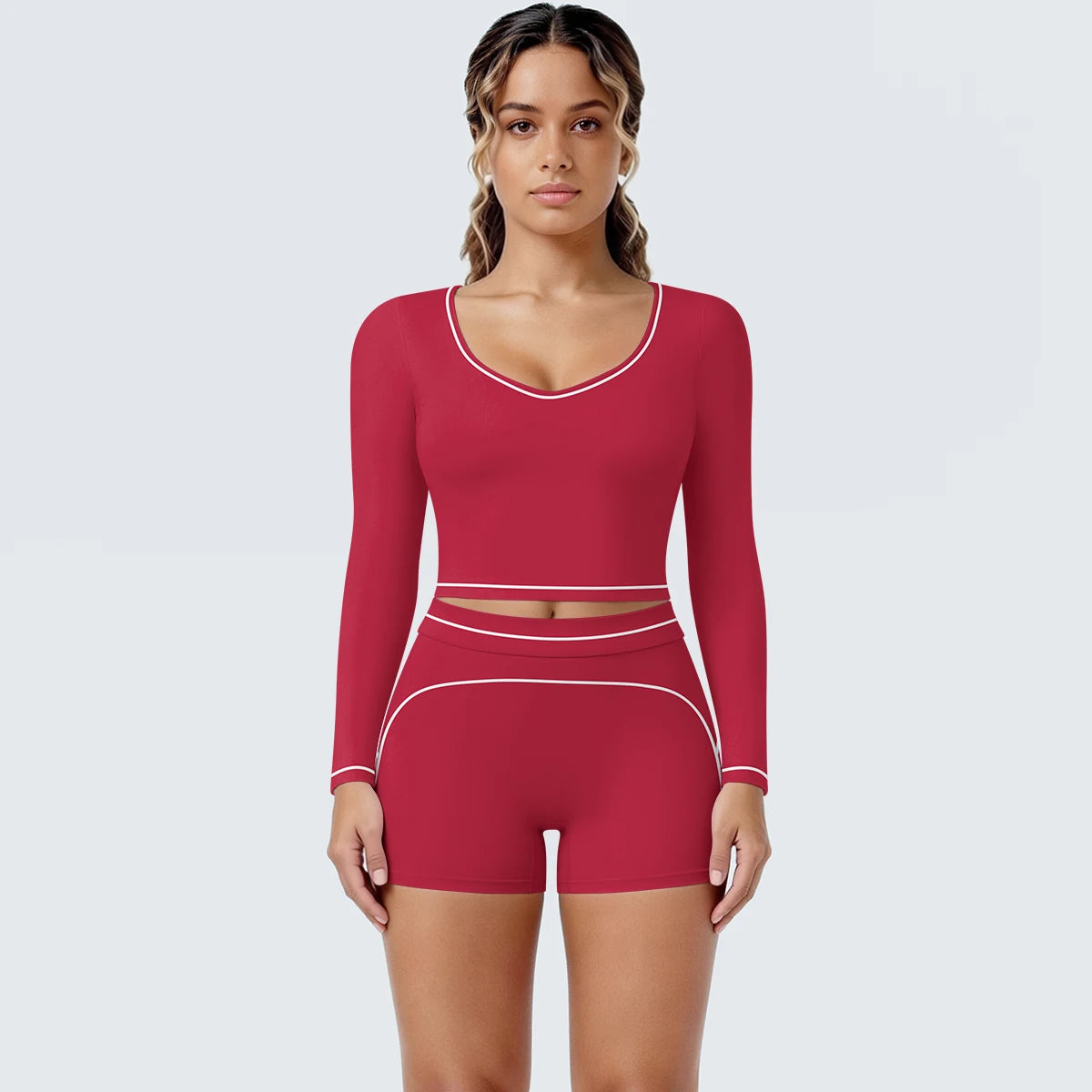 Damen-Yoga-Set mit langarmem Top und Shorts, rot, Kontrastnähte