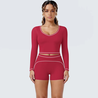 Damen-Yoga-Set mit langarmem Top und Shorts, rot, Kontrastnähte