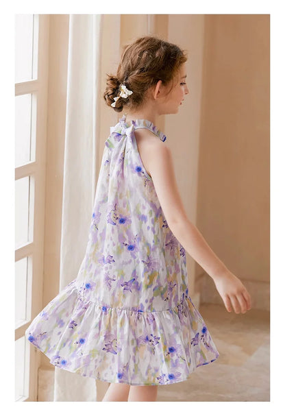 Sommerliches Mädchenkleid aus 100% Baumwolle mit kurzen Ärmeln und Tulpenblumenmuster – niedliche Freizeitkleidung für Kinder von 3 bis 14 Jahren