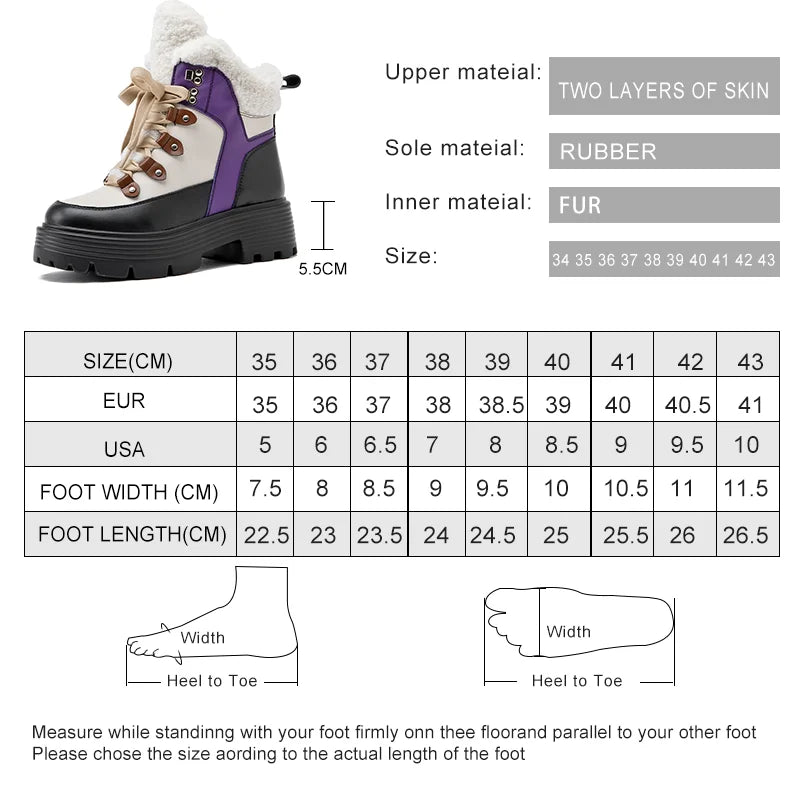 Damen-Snowboots lila mit Fellfutter; Größen- und Materialtabelle auf Infografik