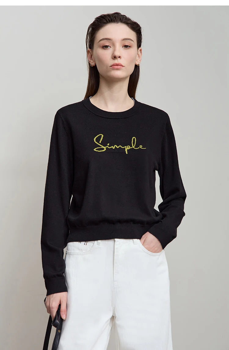 Schwarzes Langarm-T-Shirt mit rundem Ausschnitt und „Simple“-Schriftzug
