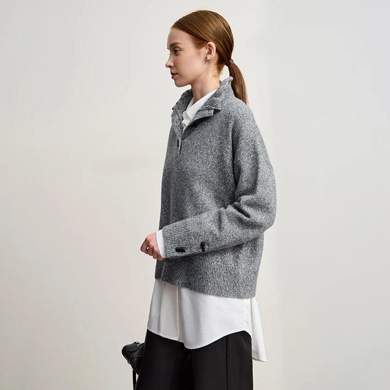 Damen-Rollkragenpullover locker Knopf Raglanärmel Winter