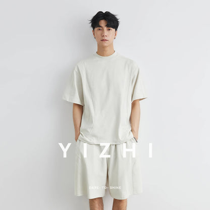 Männer Sport Anzug mit einfarbigem Rundhals T-Shirt und Kordelzug Shorts