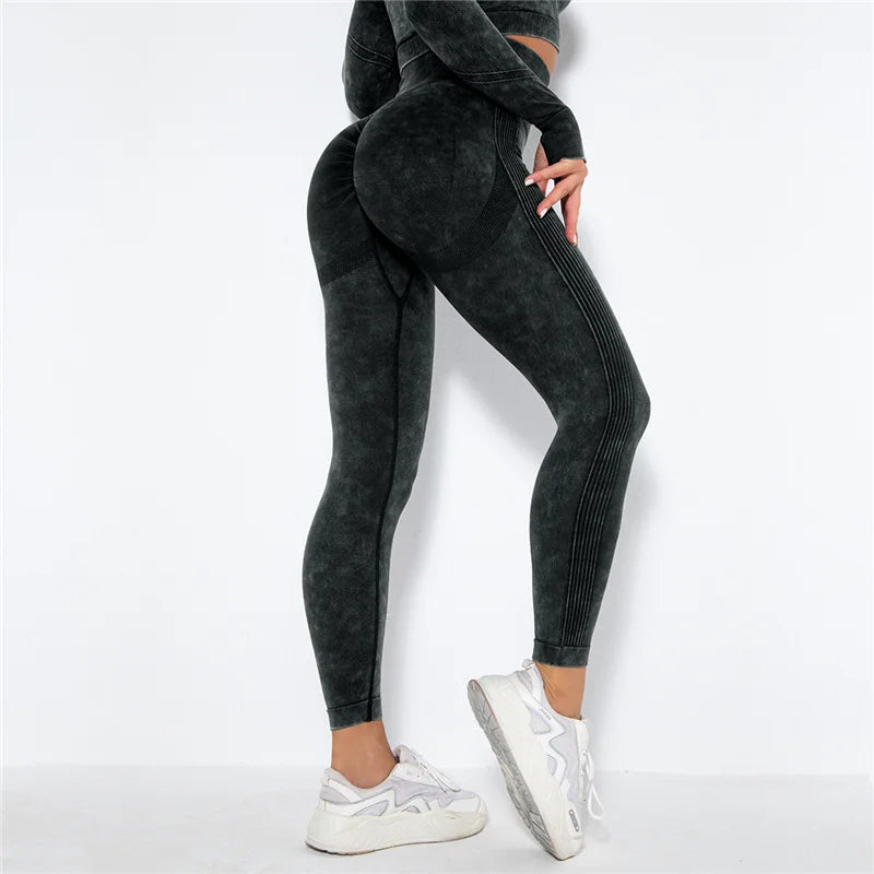 Nahtlose Yoga-Leggings mit hoher Taille, schwarz gemustert, seitliche Längsstreifen, 7/8-Länge