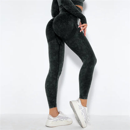 Nahtlose Yoga-Leggings mit hoher Taille, schwarz gemustert, seitliche Längsstreifen, 7/8-Länge