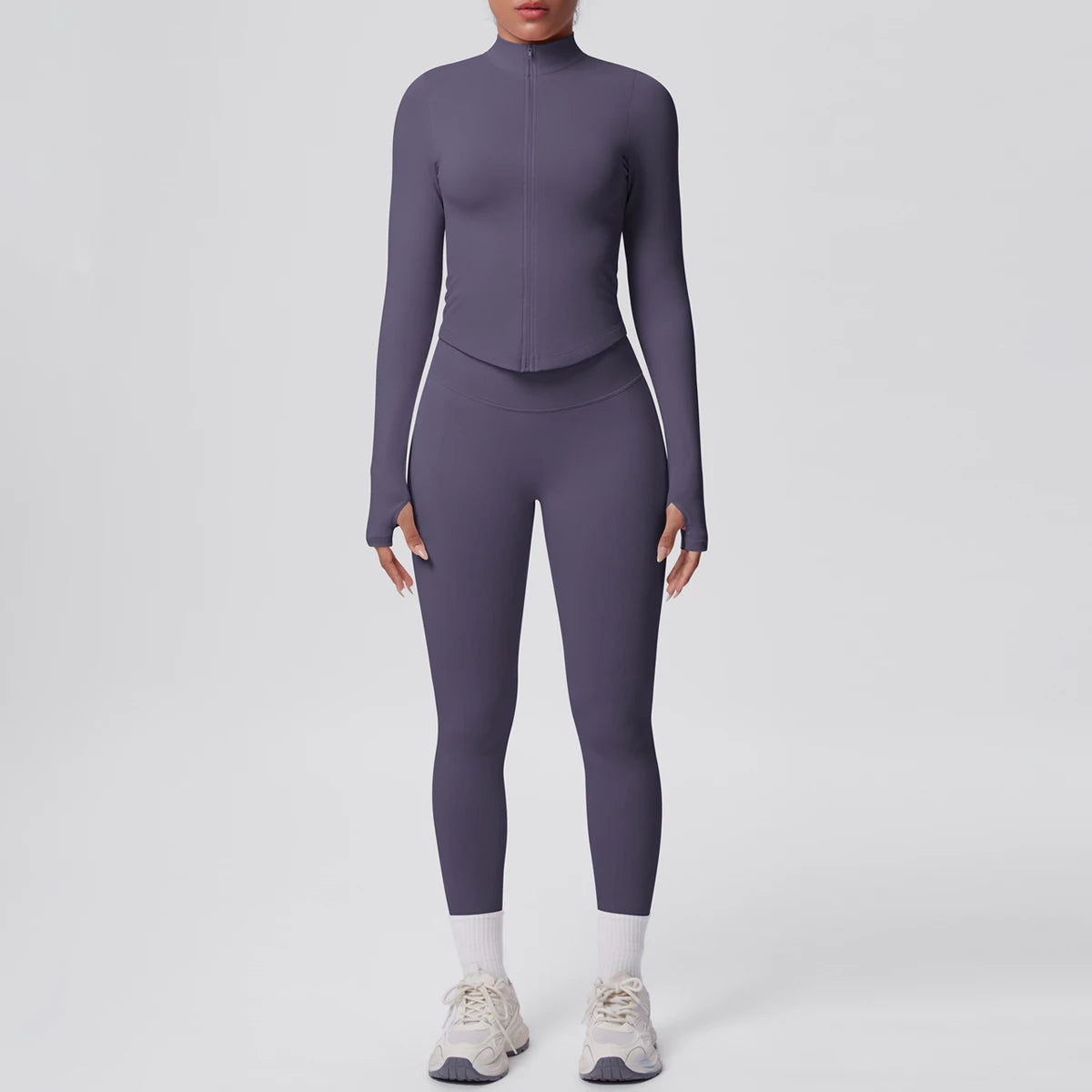 Grau-violettes Yoga-Set mit hoher Taille: langärmliges Reißverschluss-Top und Leggings