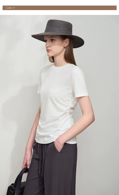 Damen T-Shirt mit Rundhalsausschnitt und gebrochenen Falten aus Modal-Baumwolle