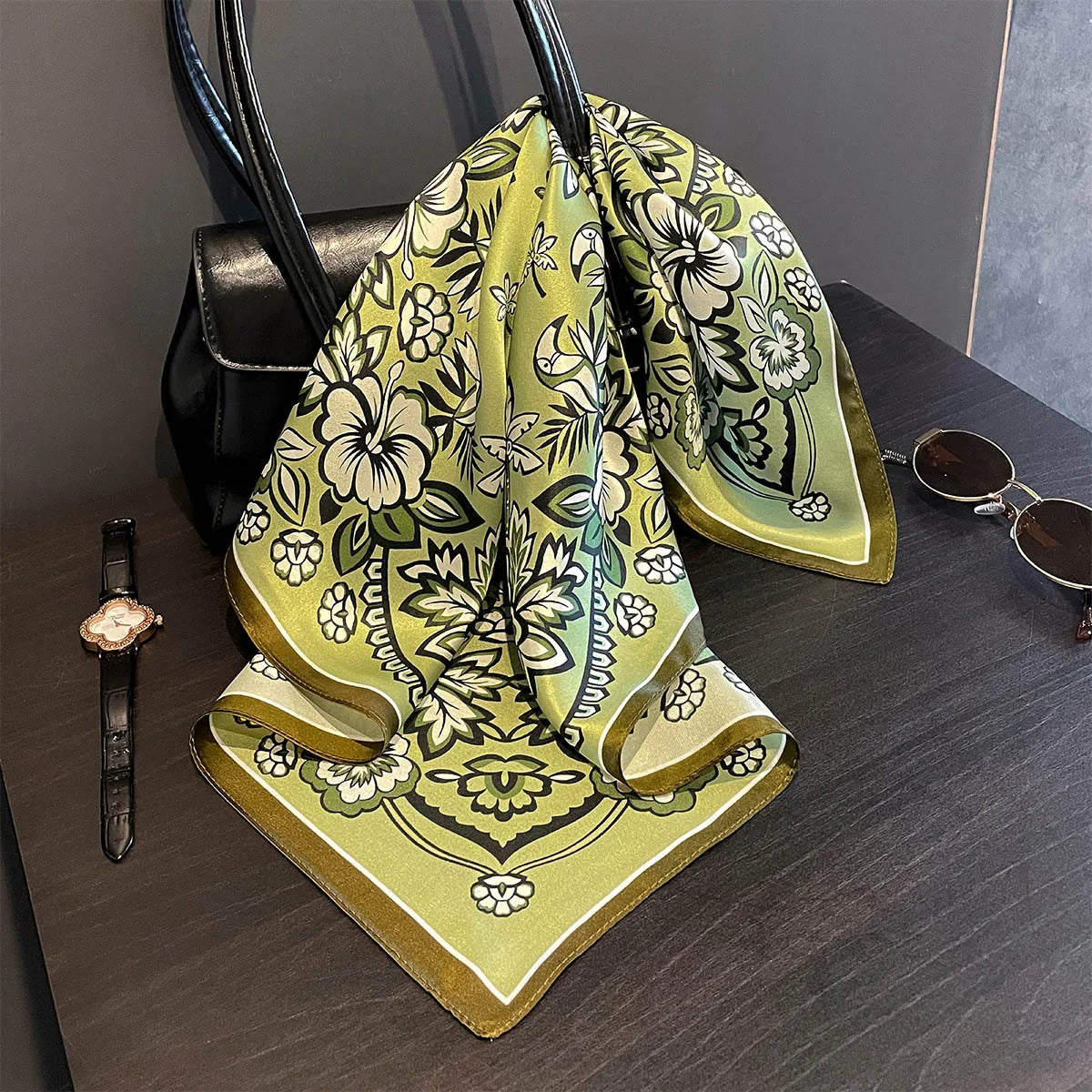Damen Seidenschal 53cm quadratisch Blumenprint Luxus Hijab Bandana F