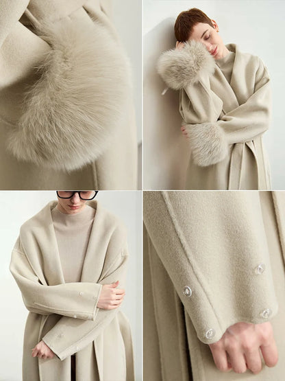 Damen Langer Mantel aus Wolle mit abnehmbaren Fuchspelzmanschetten und Taschen