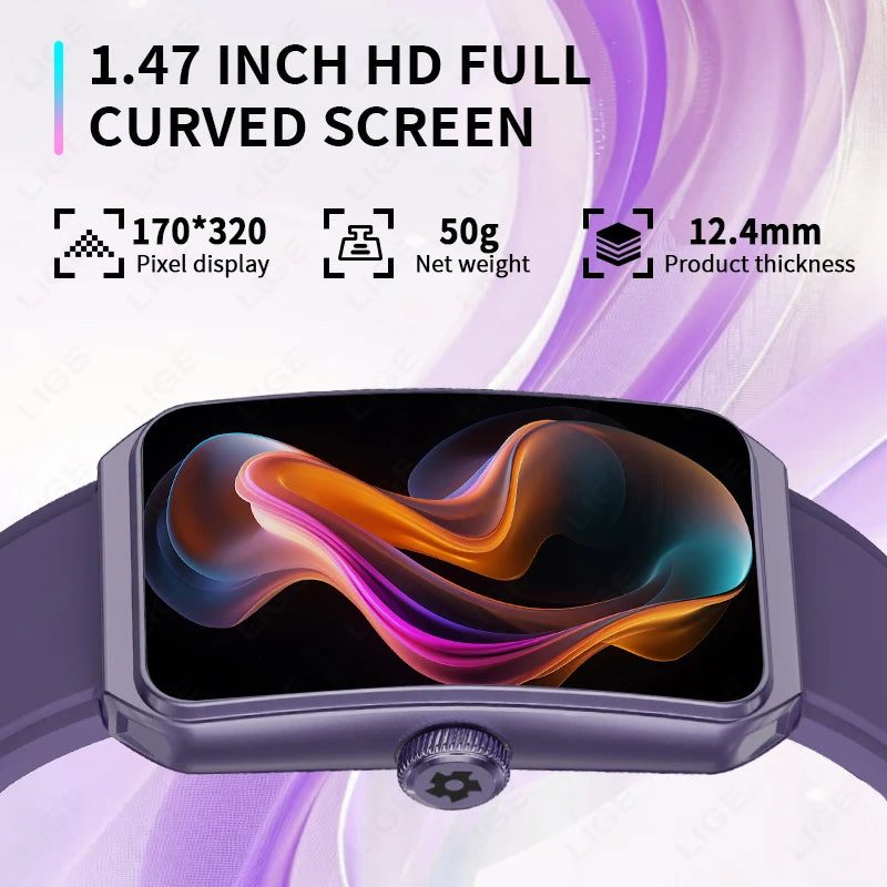 LIGE 1,47" 3D-Smartwatch mit vollem gebogenem Bildschirm, kabelloser Anruf, Fitness, Bluetooth, Musikuhren, Herzfrequenz-Schlafmonitor, Smartwatch