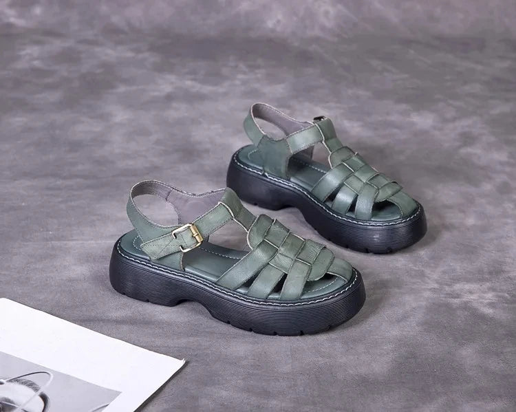 AIYUQI Sandalen Frauen Sommer 2025, Neue Echtes Leder Baotou Römischen Sandalen Damen Retro Hohl Gewebt Frauen Sandalen