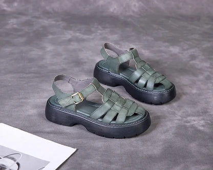 AIYUQI Sandalen Frauen Sommer 2025, Neue Echtes Leder Baotou Römischen Sandalen Damen Retro Hohl Gewebt Frauen Sandalen