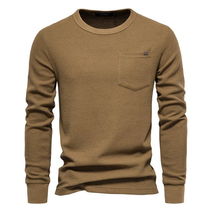 Herren-T-Shirt aus Waffel-Baumwolle mit langen Ärmeln – einfarbiges Einzeltaschen-Design, atmungsaktives Herbst-Basic-Oberteil für lässige Outfits