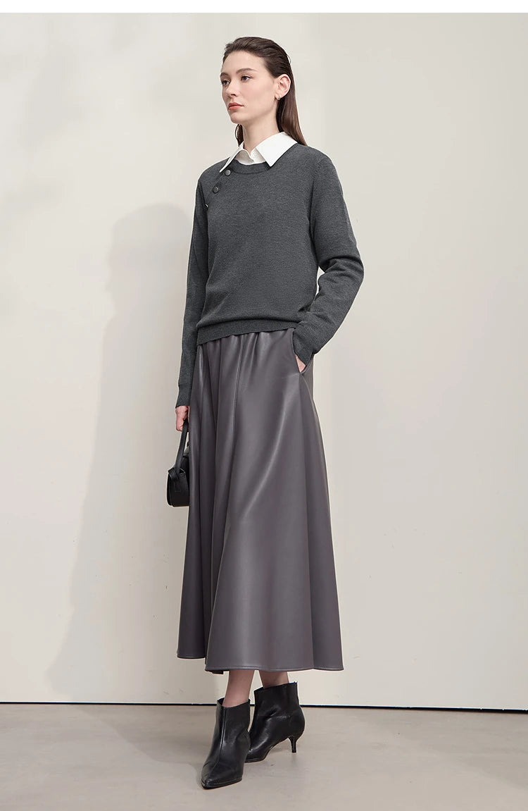 AMII Damenpullover, grauer Pullover mit Knopfleiste und weißem Kragen, lange Ärmel