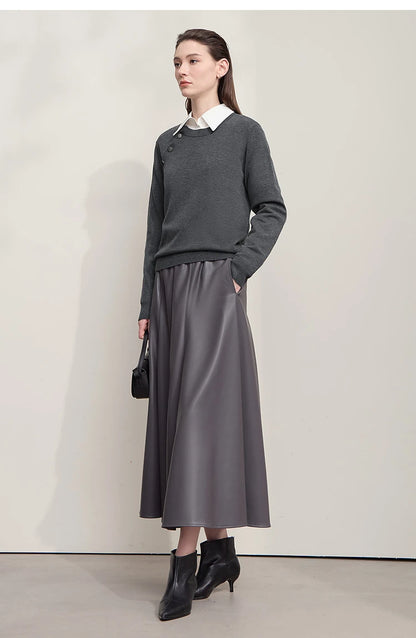 AMII Damenpullover, grauer Pullover mit Knopfleiste und weißem Kragen, lange Ärmel