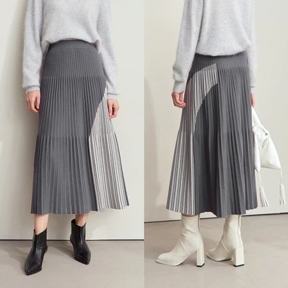 Damen Strickrock mit elastischem Bund, plissiert, grau meliert mit hellem Diagonalstreifen